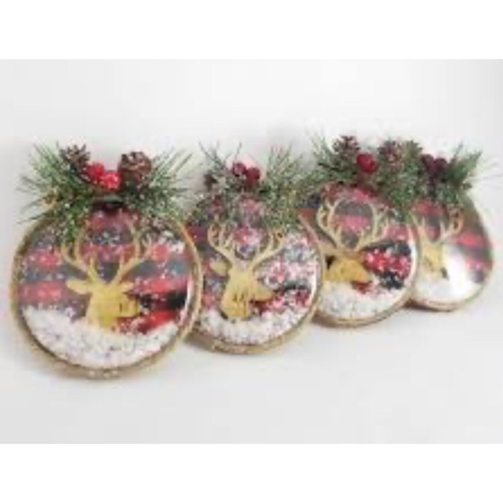 New Set Of 4 Snow Globe Plaid Deer Christmas Ornament Pine Berries Farmhouse 4"